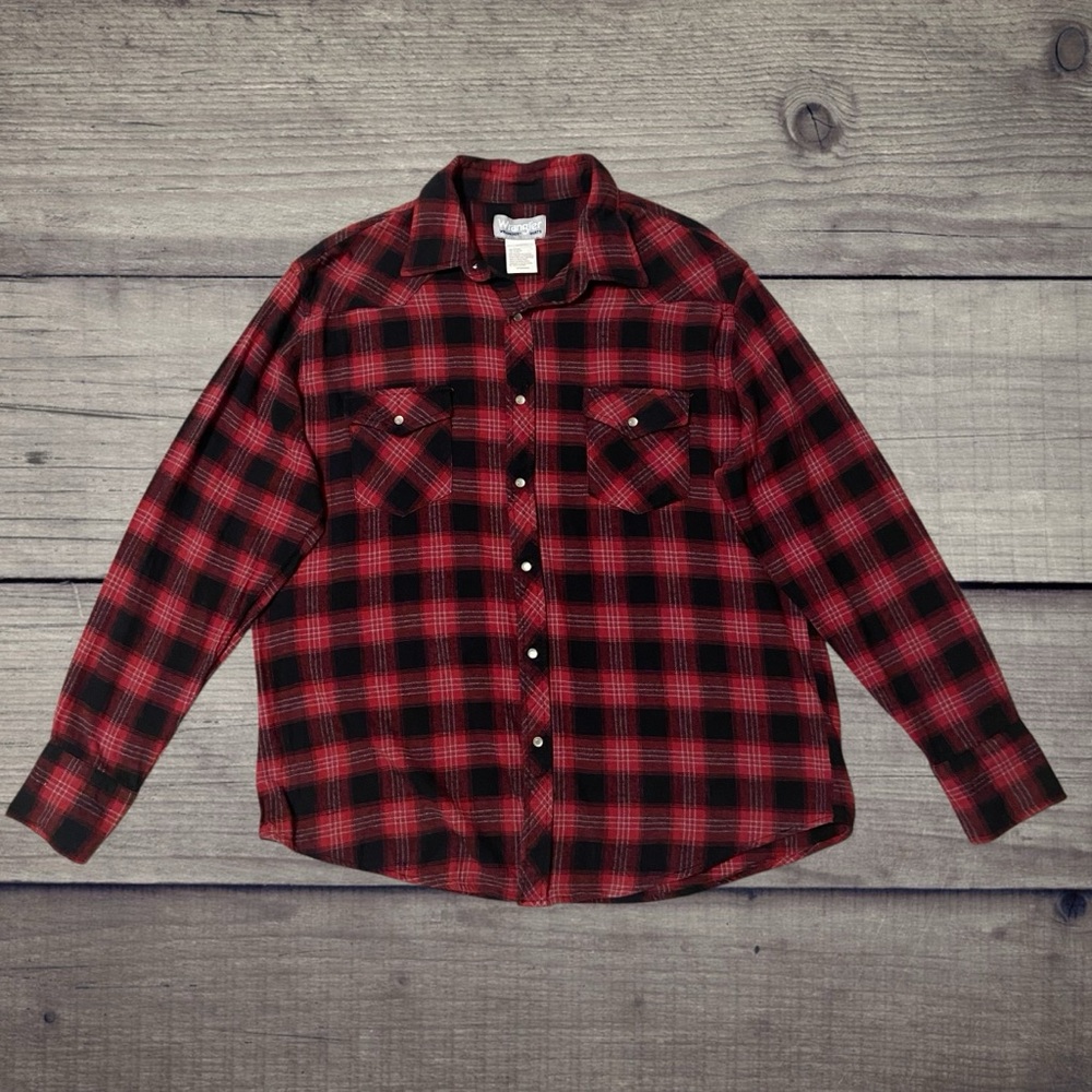 Vintage Wrangler Wrancher Western Flannel Pearl Snap Shirt Red Buffalo Plaid